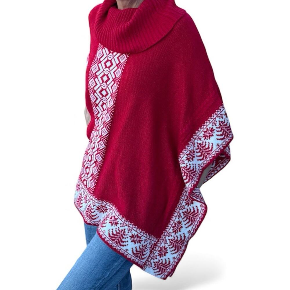 Christmas/Winter Red Poncho Sweater by Black Rivet with Snowflake Design Large